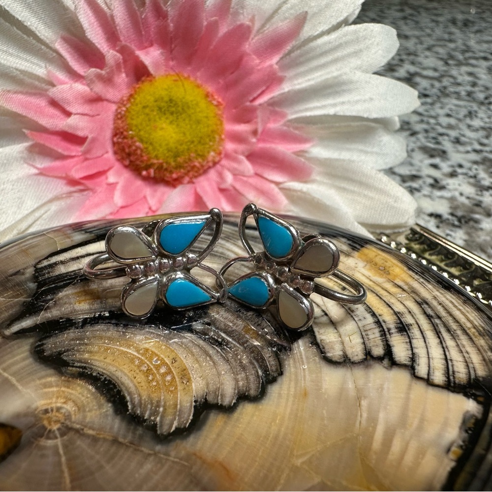 Vintage Signed Zuni Sterling Silver Butterfly Earrings w/ Turquoise & MOP inlays